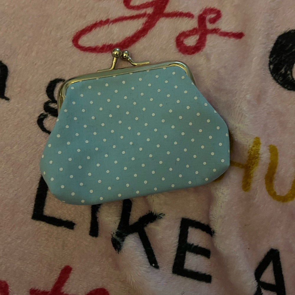 Blue and White Polka Dot Wallet with Clasp Closure